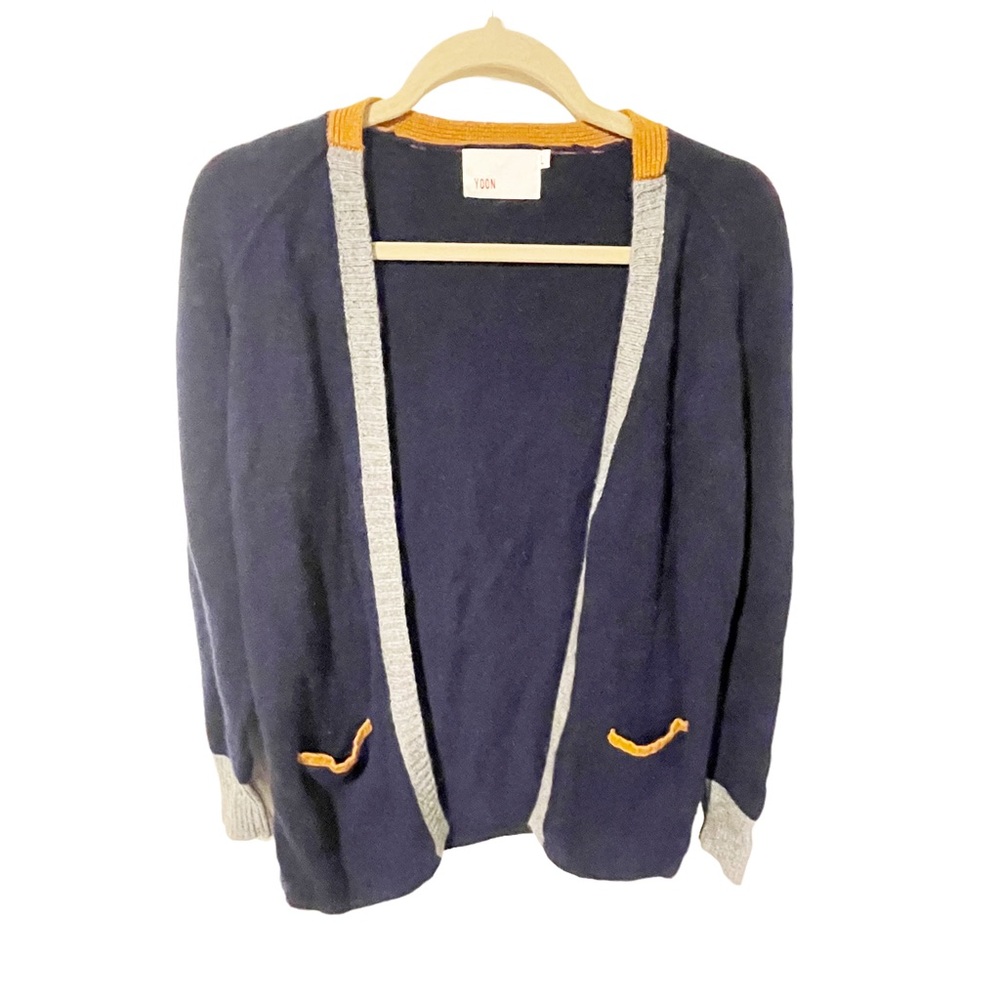 Yoon Size‎ Large Blue Wool Cashmere Open Front Long Sleeve Cardigan Sweater